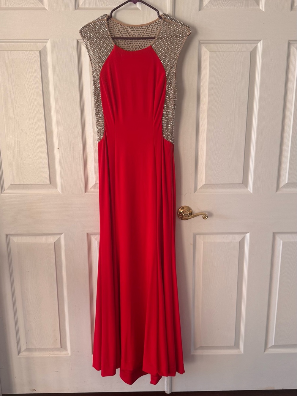 Xscape Red Evening Maxi Gown with Silver Embellished Shoulders
